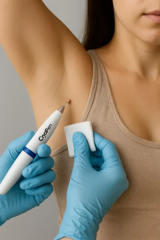 woman having cryopen to remove underarm skin tags Bushey