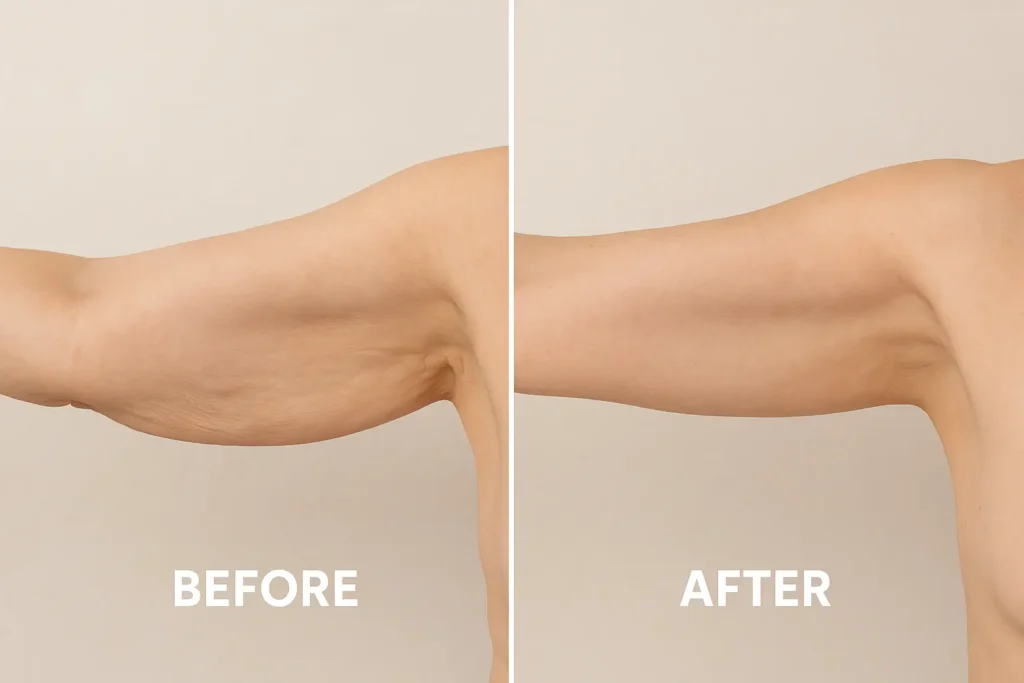 Picture of LA LIPO Bushey before and after results of skin tightening treatment on the upper arms.
