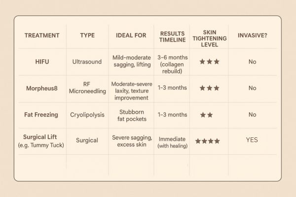 Table showing the comparisons of Skin tightening Bushey treatment options.